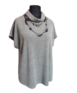 Sweterek Kimono damski z golfem - dzianina szary prążek